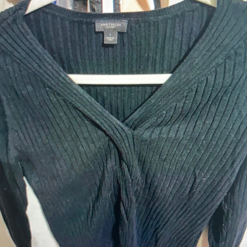 Ann Taylor Black Ribbed V-Neck Wrap-style sweatshirt